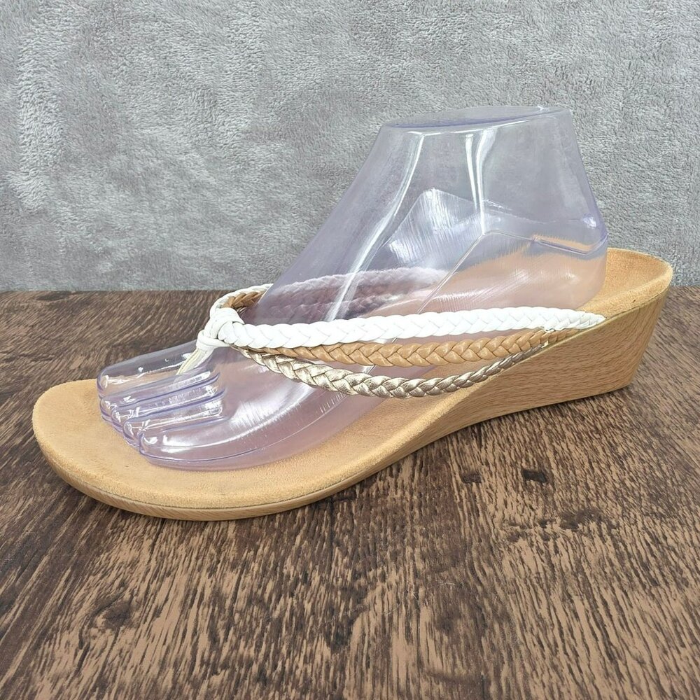 Vionic Ramba Wedge Heels 11 White Tan Metallic Gold Braided Thong Straps Beachy - Picture 13 of 13